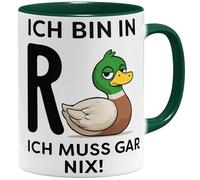 OM3 Tasse à café amusante pour retraité, avec inscription en allemand « ich bin in R+Ente » - Ich muss gar nix - En céramique - 325 ml - Imprimé des deux côtés - Vert