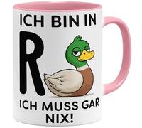 OM3 Tasse à café amusante pour retraité, avec inscription en allemand « ich bin in R+Ente » - Ich muss gar nix - Rente - 325 ml - Imprimé des deux côtés - Rose