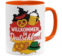 OM3 Tasse à café avec inscription en allemand « Einbürgerung Herzlich Willkommen in Deutschland » - Immigration - Tasse en céramique - 325 ml - Imprimé des deux côtés - Orange