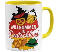 OM3 Tasse à café avec inscription en allemand « Einbürgerung Herzlich Willkommen in Deutschland » - Immigration - Tasse en céramique - 325 ml - Imprimé des deux côtés - Jaune