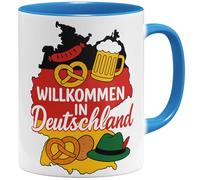 OM3 Tasse à café avec inscription en allemand « Einbürgerung Herzlich Willkommen in Deutschland » - Immigration - Tasse en céramique - 325 ml - Imprimé des deux côtés - Bleu clair