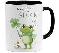 OM3 Tasse à café avec inscription en allemand « Eine Prise Glück » - Tasse en céramique - 325 ml - Imprimé des deux côtés - Noir