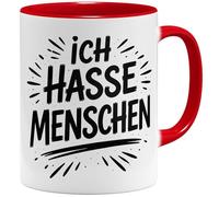 OM3 Tasse à café avec inscription en allemand « Ich hasse Menschen » - Tasse sarcastique avec inscription en allemand - Tasse en céramique - 325 ml - Imprimé des deux côtés - Rouge