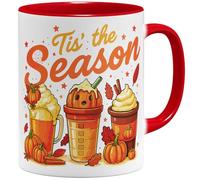 OM3 Tasse à café d'automne mignonne avec inscription - Automne confortable - Halloween - Citrouille citrouille Tis' the Season - Tasse en céramique - 325 ml - Imprimé des deux côtés - Rouge