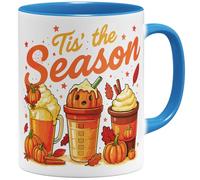OM3 Tasse à café d'automne mignonne avec inscription - Automne confortable - Halloween - Citrouille citrouille Tis' the Season - Tasse en céramique - 325 ml - Imprimé des deux côtés - Bleu clair