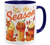 OM3 Tasse à café d'automne mignonne avec inscription - Automne confortable - Halloween - Citrouille citrouille Tis' the Season - Tasse en céramique - 325 ml - Imprimé des deux côtés - Bleu foncé