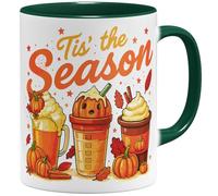 OM3 Tasse à café d'automne mignonne avec inscription en allemand - Automne confortable - Halloween - Citrouille citrouille Tis' the Season - Tasse en céramique - 325 ml - Imprimé des deux côtés - Vert