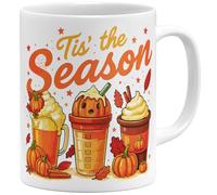 OM3 Tasse à café d'automne mignonne avec inscription - Saison d'automne confortable - Halloween - Citrouille citrouille Tis' the Season - Tasse en céramique - 325 ml - Imprimé des deux côtés - Blanc