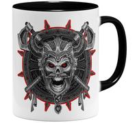 OM3 Tasse à café en céramique - Motif tête de mort viking - Avec motif guerrier - Valhalla - 325 ml - Imprimé des deux côtés - Noir