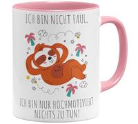 OM3® Tasse à café humoristique avec inscription en allemand « Ich bin nicht faul, ich bin nur hochmotiviert nichts zu tun » - Tasse en céramique - 325 ml - Imprimé des deux côtés - Rose
