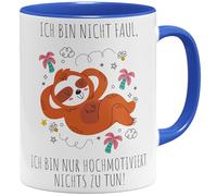 OM3® Tasse à café humoristique avec inscription en allemand « Ich bin nicht faul, ich bin nur hochmotiviert nichts zu tun » - Tasse en céramique - 325 ml - Imprimé des deux côtés - Bleu
