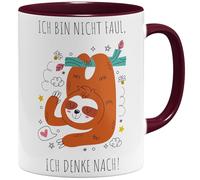 OM3® Tasse à café humoristique avec inscription en allemand « ich bin nicht fault » ich denke nach Morgenmuffel Faultier Sloth - Tasse en céramique - 325 ml - Imprimé des deux côtés - Bordeaux