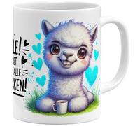 OM3 Tasse à café humoristique en alpaga avec inscription en allemand « Lächeln ! Du kannst sie nicht alle anspucken! » Tasse en céramique 325 ml Impression complète Blanc