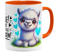 OM3 Tasse à café humoristique en alpaga avec inscription en allemand « Lächeln ! Du kannst sie nicht alle anspucken! » Déclaration Tasse en céramique 325 ml Impression intégrale Orange