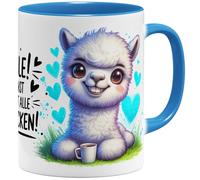 OM3 Tasse à café humoristique en alpaga avec inscription en allemand « Lächeln ! Du kannst sie nicht alle anspucken! » Déclaration Tasse en céramique 325 ml Impression complète Bleu clair