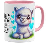 OM3 Tasse à café humoristique en alpaga avec inscription en allemand « Lächeln ! Du kannst sie nicht alle anspucken! » Déclaration - Tasse en céramique - 325 ml - Impression complète - Rose