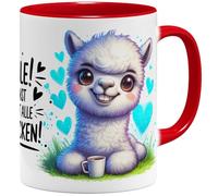 OM3 Tasse à café humoristique en alpaga avec inscription en allemand « Lächeln ! Du kannst sie nicht alle anspucken! » Déclaration Tasse en céramique 325 ml Impression intégrale Rouge