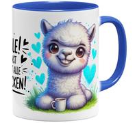 OM3 Tasse à café humoristique en alpaga avec inscription en allemand « Lächeln ! Du kannst sie nicht alle anspucken! » Tasse en céramique 325 ml Impression complète Bleu