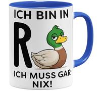 OM3 Tasse à café humoristique pour retraité, avec inscription en allemand « ich bin in R+Ente » - Ich muss gar nix - En céramique - 325 ml - Imprimé des deux côtés - Bleu