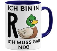 OM3 Tasse à café humoristique pour retraité, avec inscription en allemand « ich bin in R+Ente » - Ich muss gar nix - En céramique - 325 ml - Imprimé des deux côtés - Bleu foncé