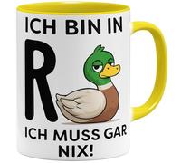 OM3 Tasse à café humoristique pour retraité, avec inscription en allemand « ich bin in R+Ente » - Ich muss gar nix - En céramique - 325 ml - Imprimé des deux côtés - Jaune
