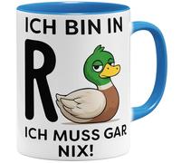 OM3 Tasse à café humoristique pour retraité, avec inscription en allemand « ich bin in R+Ente » - Ich muss gar nix - En céramique - 325 ml - Imprimé des deux côtés - Bleu clair