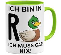 OM3 Tasse à café humoristique pour retraité, avec inscription en allemand « ich bin in R+Ente » - Ich muss gar nix - En céramique - 325 ml - Imprimé des deux côtés - Vert clair