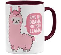 OM3 Tasse à café humoristique Save the Drama for your Llama avec inscription en allemand « Statement Alpaka süße Motiv » - En céramique - 325 ml - Imprimé des deux côtés - Bordeaux