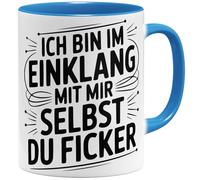 OM3 Tasse à café « Ich bin im Einklang mit mir selbst du Ficker » avec inscription en allemand « Sarcastique » avec humour grossier - Tasse en céramique - 325 ml - Imprimé des deux côtés - Bleu clair