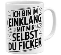 OM3 Tasse à café « Ich bin im Einklang mit mir selbst du Ficker » avec inscription en allemand « Sarcastique » avec humour grossier - Tasse en céramique - 325 ml - Imprimé des deux côtés - Blanc