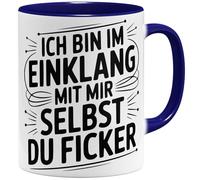 OM3 Tasse à café « Ich bin im Einklang mit mir selbst du Ficker » avec inscription en allemand « Sarcastique » avec humour grossier - Tasse en céramique - 325 ml - Imprimé des deux côtés - Bleu foncé