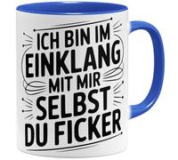 OM3 Tasse à café « Ich bin im Einklang mit mir selbst du Ficker » avec inscription en allemand « Sarcastique » avec humour grossier - Tasse en céramique - 325 ml - Imprimé des deux côtés - Bleu