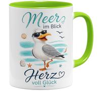 OM3® Tasse à café maritime avec inscription en allemand « Meer im Blick Herz voll Glück » - Frise orientale - Côte nord de l'Allemagne - Tasse en céramique - 325 ml - Imprimé des deux côtés - Vert