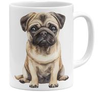 OM3® Tasse à café mignonne de style aquarelle - Motif carlin - Motif chien - Amis des chiens - Tasse en céramique - 325 ml - Imprimé des deux côtés - Blanc