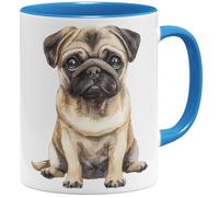 OM3® Tasse à café mignonne de style aquarelle - Motif carlin - Motif chien - Amis des chiens - Tasse en céramique - 325 ml - Imprimé des deux côtés - Bleu clair
