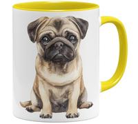 OM3® Tasse à café mignonne de style aquarelle - Motif carlin - Motif chien - Amis des chiens - Tasse en céramique - 325 ml - Imprimé des deux côtés - Jaune
