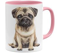 OM3® Tasse à café mignonne de style aquarelle - Motif carlin - Motif chien - Amis des chiens - Tasse en céramique - 325 ml - Imprimé des deux côtés - Rose