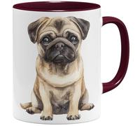 OM3® Tasse à café mignonne de style aquarelle - Motif carlin - Motif chien - Amis des chiens - Tasse en céramique - 325 ml - Imprimé des deux côtés - Bordeaux