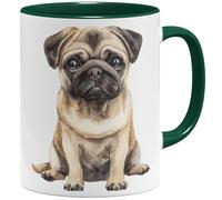 OM3® Tasse à café mignonne de style aquarelle - Motif carlin - Motif chien - Amis des chiens - Tasse en céramique - 325 ml - Imprimé des deux côtés - Vert