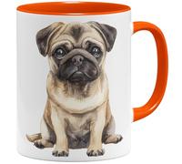 OM3® Tasse à café mignonne de style aquarelle - Motif carlin - Motif chien - Amis des chiens - Tasse en céramique - 325 ml - Imprimé des deux côtés - Orange