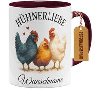 OM3 Tasse à café personnalisée avec nom au choix - Motif poulet d'amour + nom au choix - Personnalisable et personnalisable - Tasse en céramique - 325 ml - Imprimé des deux côtés - Bordeaux