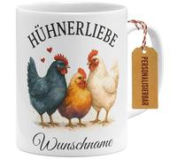 OM3 Tasse à café personnalisée avec nom au choix - Motif poulet d'amour + nom au choix - Personnalisable et personnalisable - Tasse en céramique - 325 ml - Imprimé des deux côtés - Blanc