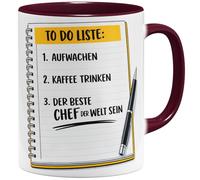 OM3 Tasse à café « To Do Liste » - Bester Chef der Welt - Avec inscription en allemand - Amusante pour les supérieurs - En céramique - 325 ml - Imprimé des deux côtés - Bordeaux