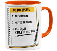 OM3 Tasse à café « To Do Liste » - Bester Chef der Welt - Avec inscription en allemand - Amusante pour les supérieurs - En céramique - 325 ml - Imprimé des deux côtés - Orange