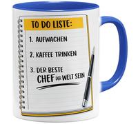 OM3 Tasse à café « To Do Liste » - Bester Chef der Welt - Avec inscription en allemand - Amusante pour les supérieurs - En céramique - 325 ml - Imprimé des deux côtés - Bleu
