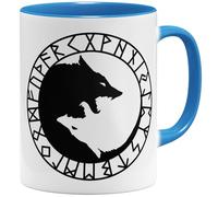 OM3® Tasse de loups runiques Yin-Yang | Tasse en céramique | 11oz 325ml | Logo Vikings Wolves Symbole Viking Nordic Warrior | Bleu clair