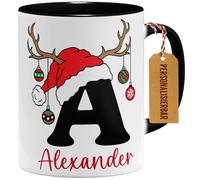 OM3 Tasse de Noël personnalisée avec lettres et nom - Tasse à café personnalisée avec nom propre - Renne - Tasse en céramique - 325 ml - Imprimé des deux côtés - Noir