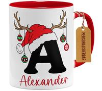 OM3 Tasse de Noël personnalisée avec lettres et nom - Tasse à café personnalisée avec nom propre - Renne - Tasse en céramique - 325 ml - Imprimé des deux côtés - Rouge
