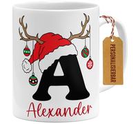 OM3 Tasse de Noël personnalisée avec lettres et nom - Tasse à café personnalisée avec nom propre - Renne - Tasse en céramique - 325 ml - Imprimé des deux côtés - Blanc