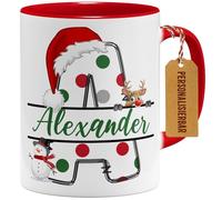 OM3 Tasse de Noël personnalisée avec lettres et nom - Tasse à café personnalisée avec nom propre - Tasse en céramique - 325 ml - Imprimé des deux côtés - Rouge